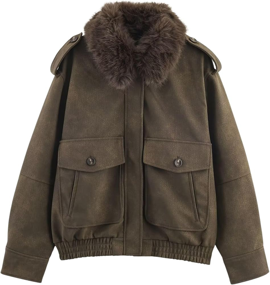 Chevara Women’s Trendy Faux Suede Jacket Long Sleeve Faux Fur Collar Zip Up Pocketed Coat Outwe... | Amazon (US)