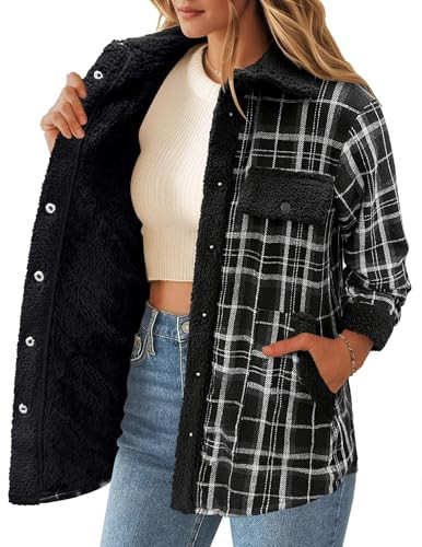 Zeagoo Women's Fleece Lined Flannel Jacket Winter Snap Button Up Fuzzy Coats Sherpa Plaid Shacket for Women 2026 Black M | Amazon (US)