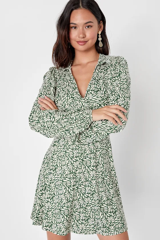 Endlessly Impressive Green Floral Long Sleeve Mini Dress | Lulus (US)