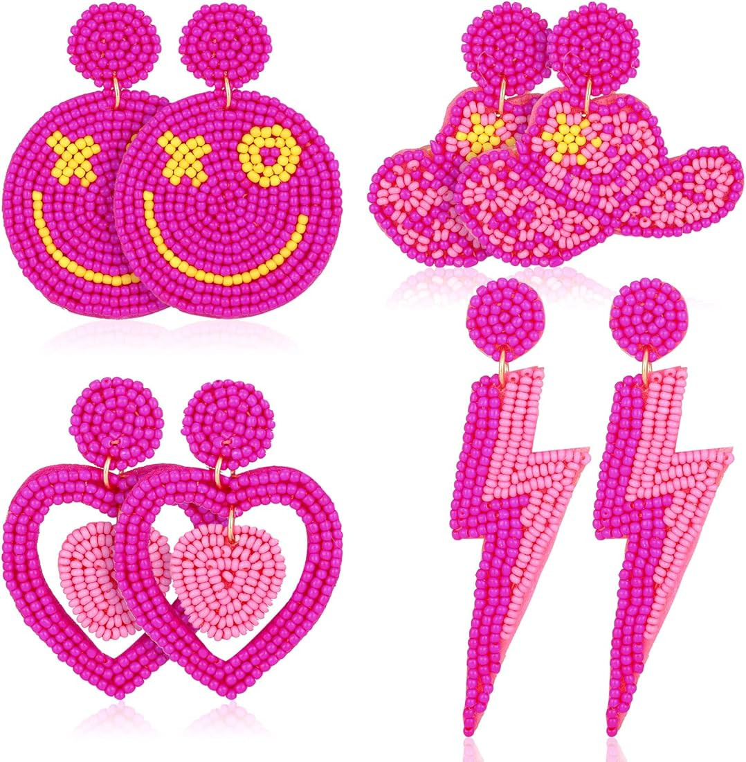 4 Pairs Beaded Earrings Women Preppy Earrings Pack Handmade Beaded Smile Heart Hat Earrings Light... | Amazon (US)