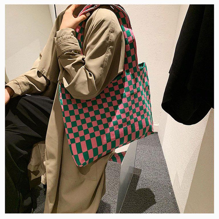 Soft Large Knitted Shoulder Bag Double Handles Tote Classic Summer Checkerboard Pattern Handbag - | Walmart (US)