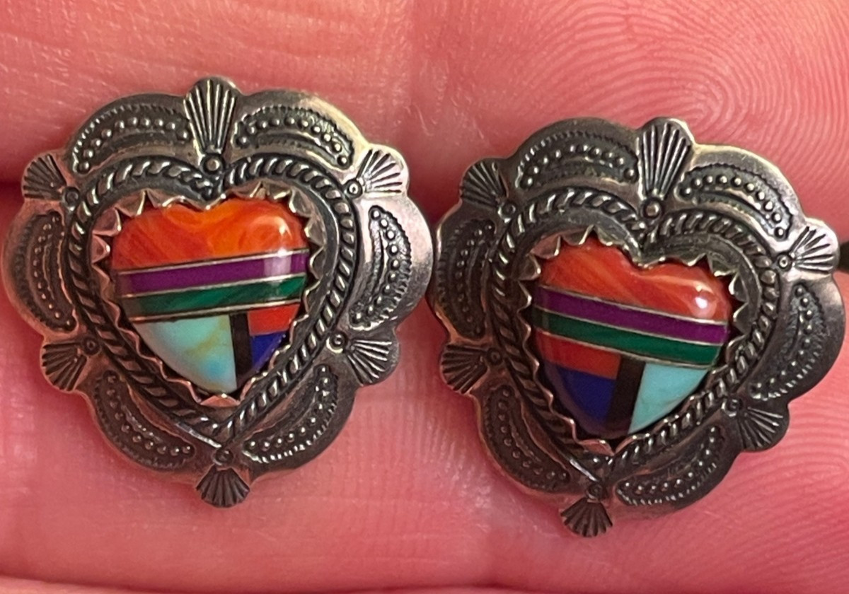 Vtg QT Native American Sterling Silver Multi Gemstone Inlay  Heart Stud Earrings | eBay | eBay US