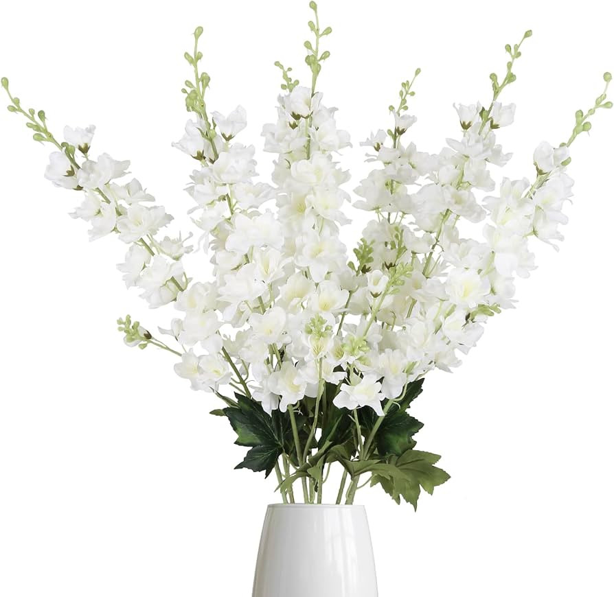 White Delphinium Artificial Flowers,8PCS Long Stem Silk Larkspur Flowers 33.5'' Faux Delphinium S... | Amazon (US)