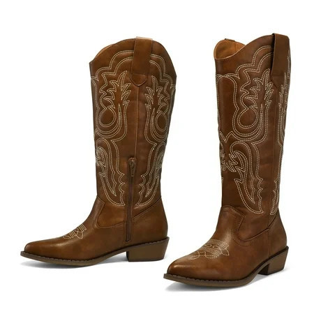 Pennysue Cowboy Boots For Women Brown Knee High Western Cowgirl Boots Snip Toe Side Zipper Chunky Heel Size 8 | Walmart (US)