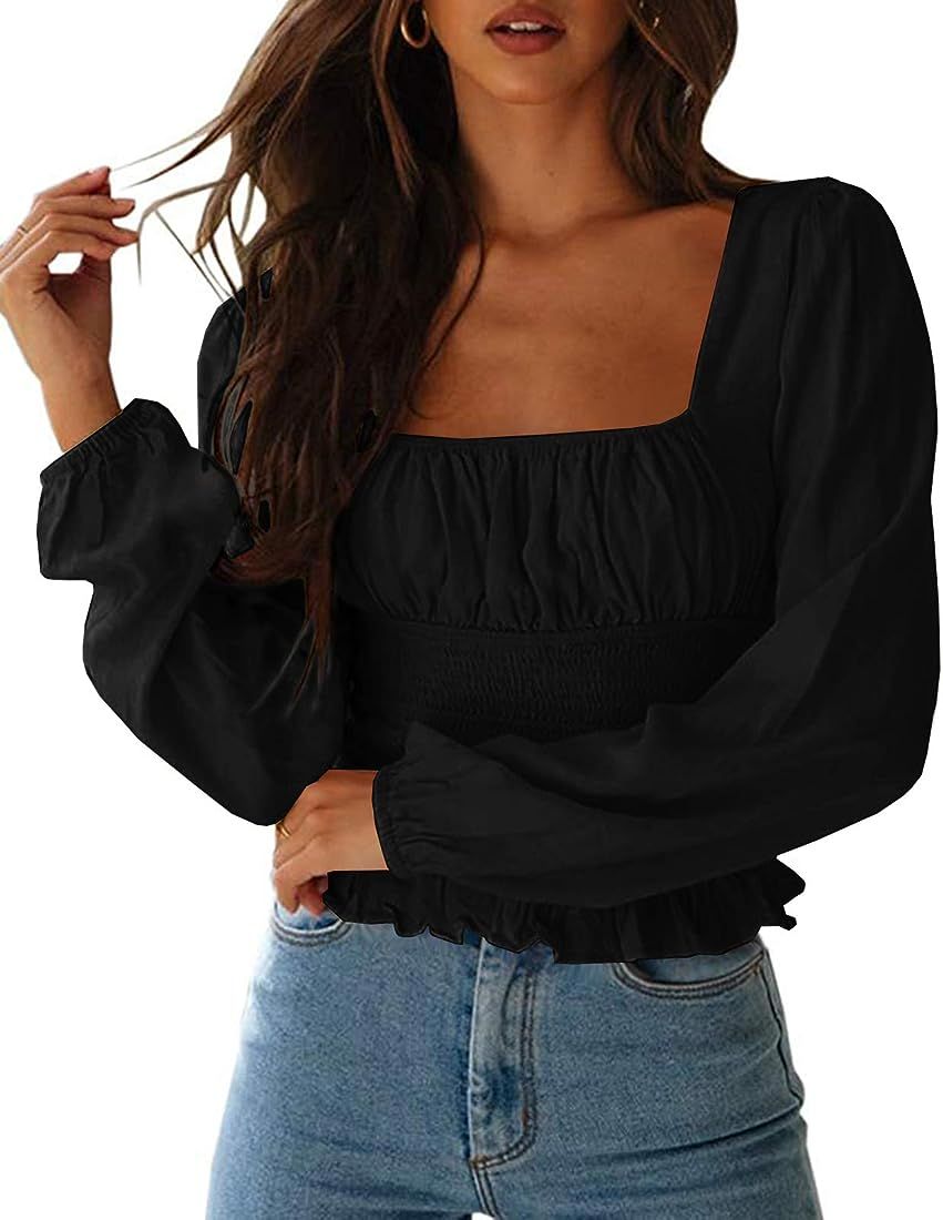 Women's Sexy Frill Smock Crop Top Retro Square Neck Long Sleeve Shirred Blouse Tops… | Amazon (US)
