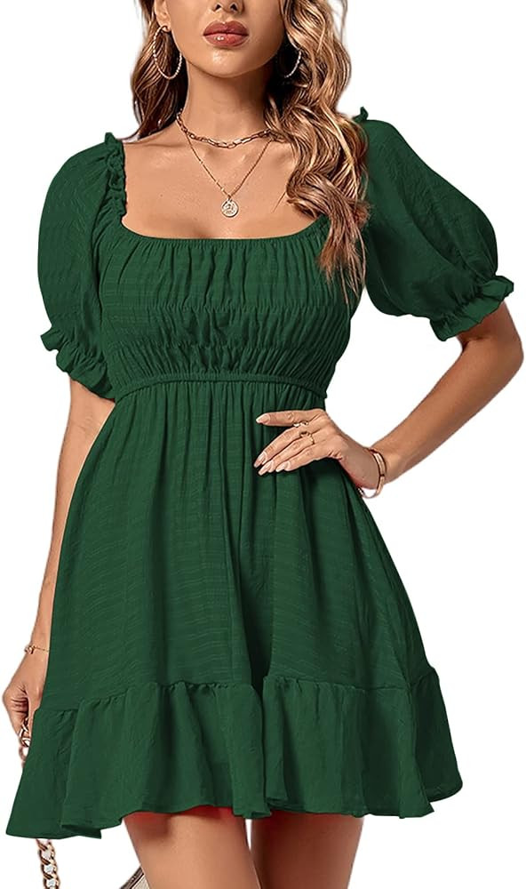 Rooscier Women's Square Neck Puff Short Sleeve Shirred Ruffle Flared Swing Mini Dress | Amazon (US)