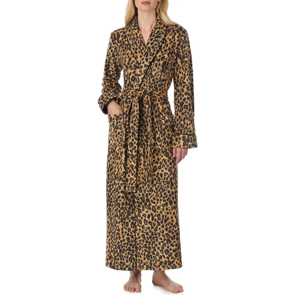 Lauren Ralph Lauren Monogram Fleece Robe in Leopard at Nordstrom, Size Large | Nordstrom
