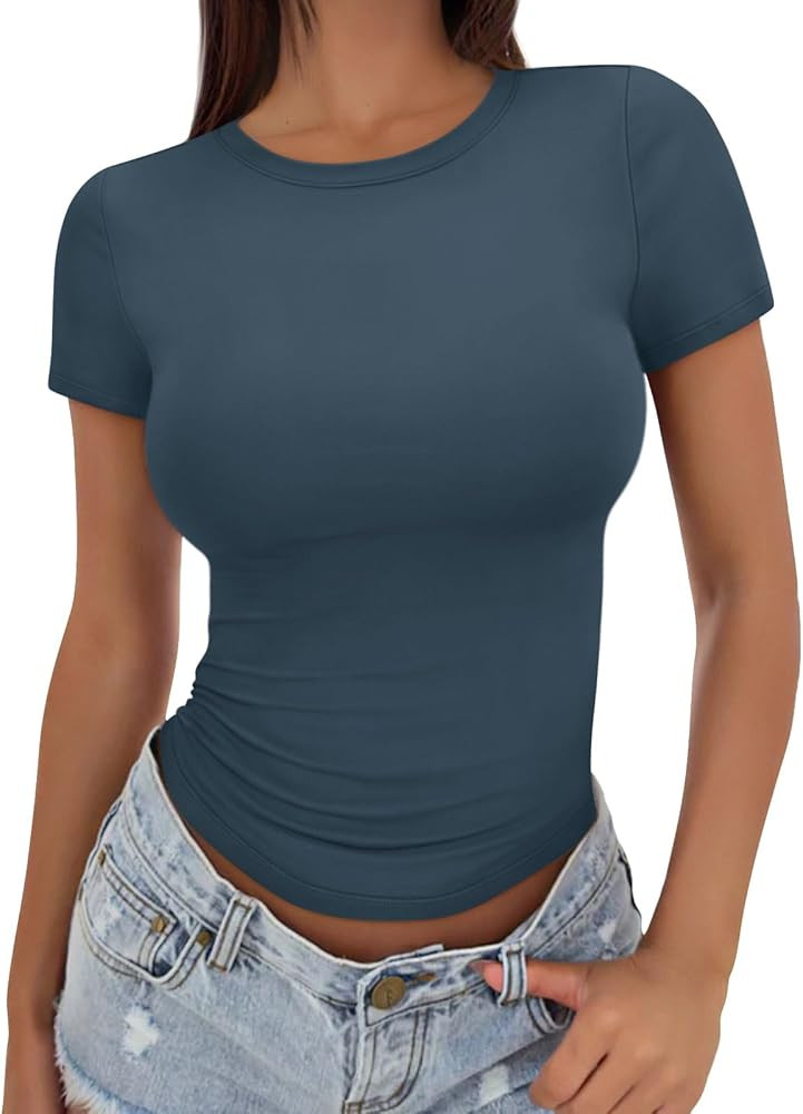 Trendy Queen Womens Basic T Shirts Summer Tops 2025 Crop Short Sleeve Slim Fit Tee Cute Gym Worko... | Amazon (US)