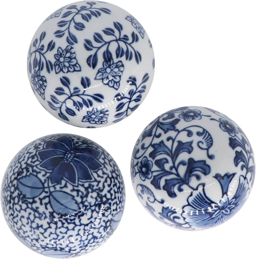 Kesywale Set of 3 Blue & White Porcelain Orbs Decorative Balls Ceramic Spheres for Centerpiece Bo... | Amazon (US)