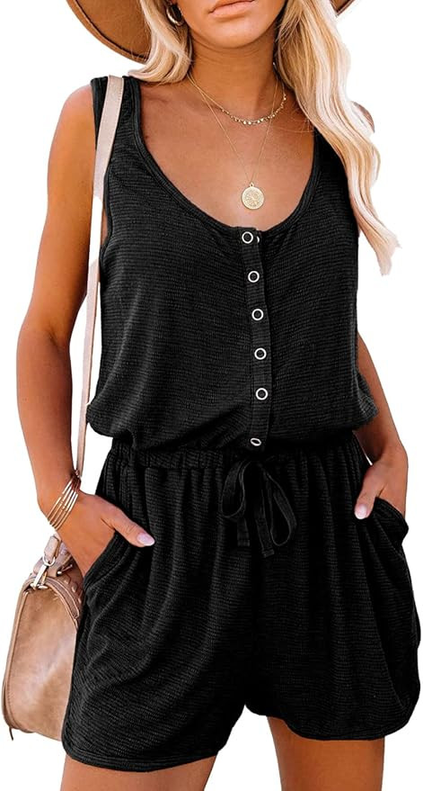 PRETTYGARDEN Women's Summer Casual Shorts Jumpsuit Plain Scoop Neck Button Down Sleeveless Tank T... | Amazon (US)