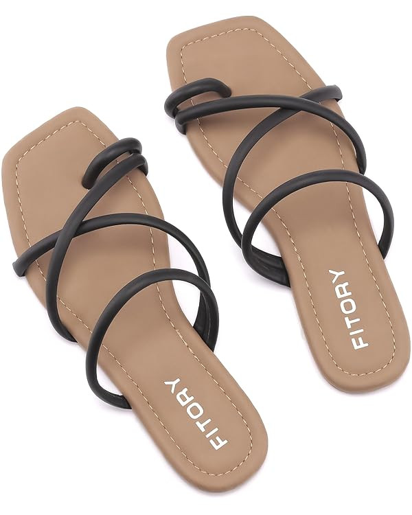 FITORY Women's Slide Sandals Flat Toe Ring Thongs with Cross Strap for Summer Size | Amazon (US)