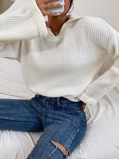 Ribbed Knit Drop Shoulder Sweater | SHEIN