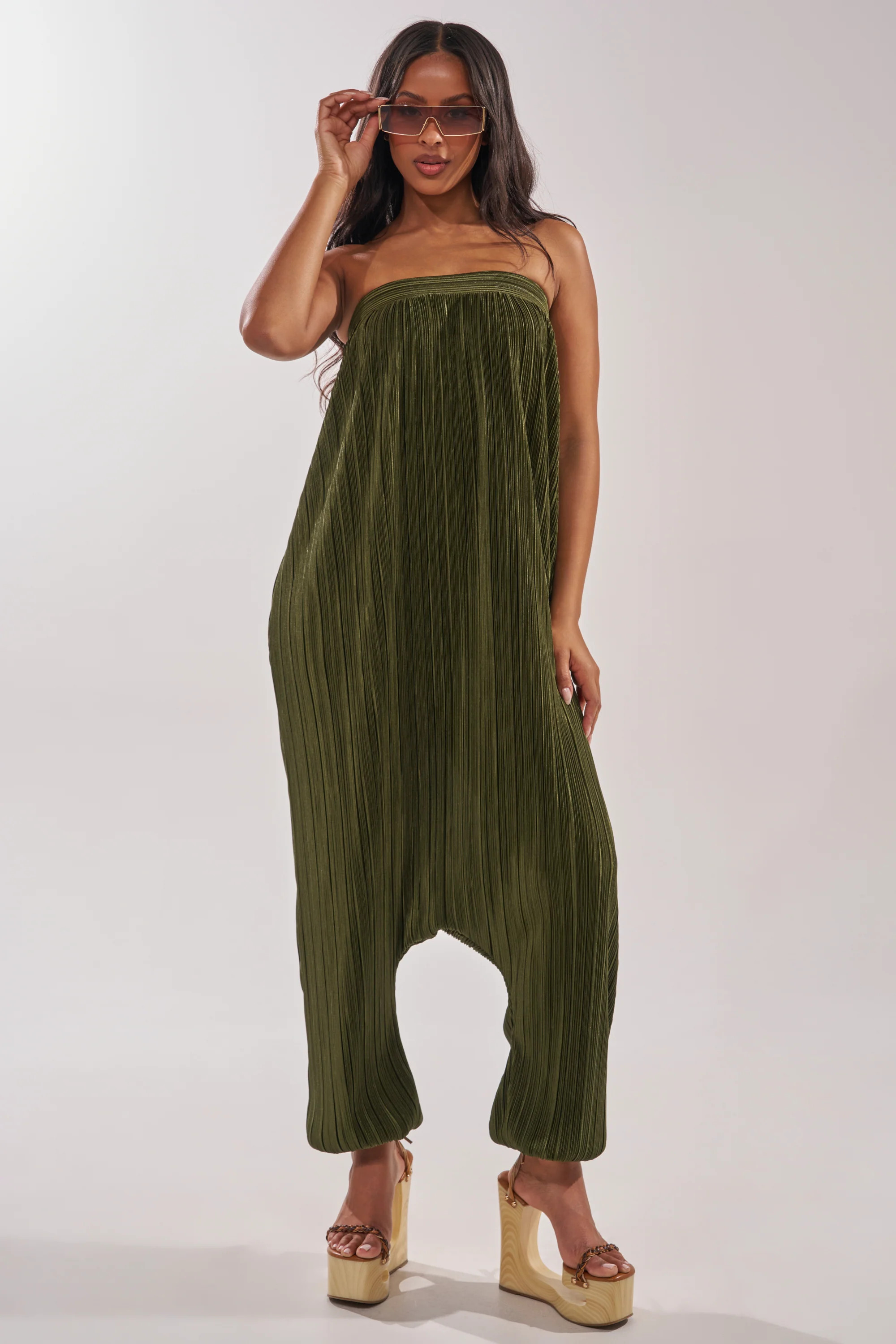 AKIRA From The City Drop Crotch Jumpsuit In Olive | Size Large | AKIRA