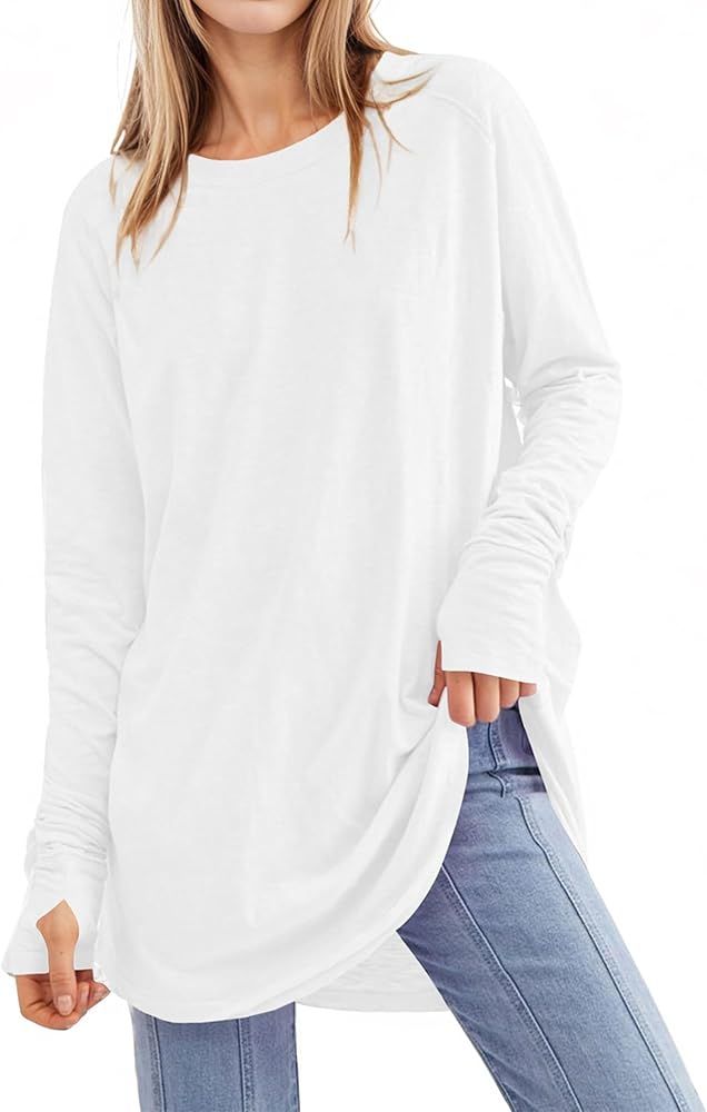 Poetsky Women's Long Sleeve Tunic Tops with Thumb Holes Casual Crew Neck Basic Loose T Shirts | Amazon (US)