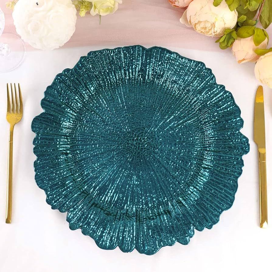 Efavormart 6 Pack 13" Round Peacock Teal Plastic Reef Charger Plates Ruffled Rim Dinner Charger P... | Amazon (US)