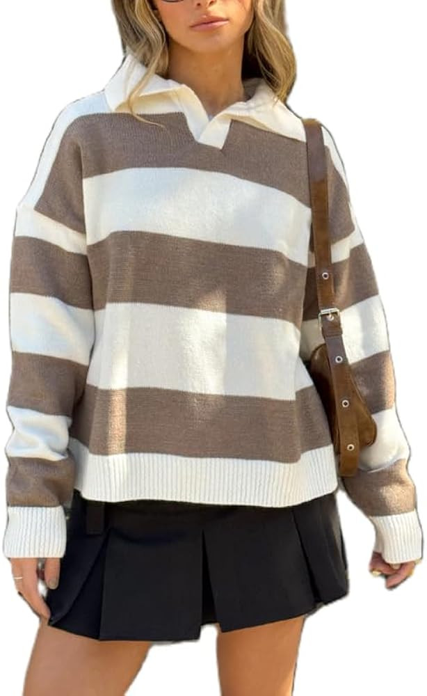 NUFIWI Womens Striped Rugby Polo Shirts Stripes Lapel V Neck Oversized Sweatshirts Y2K Loose Fit ... | Amazon (US)