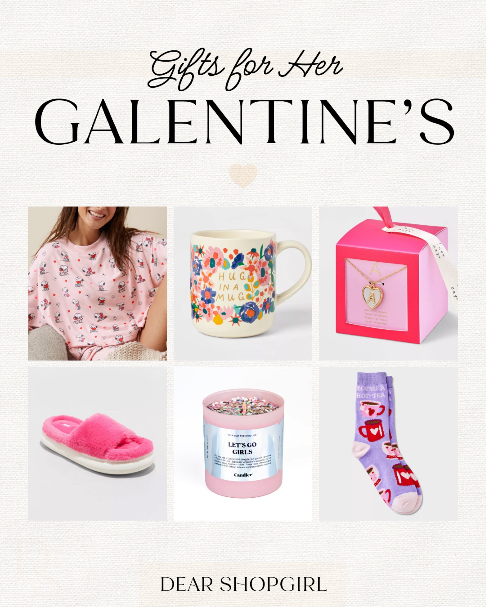 Valentine’s gifts for your gals! Rounded up some fun, affordable gifts for your girlfriends! 💖 snoopy pajamas, cute coffee mug, heart initial necklace, fuzzy slippers, unique candle, Valentine’s themed socks

#LTKGiftGuide #LTKSeasonal #LTKfindsunder50
