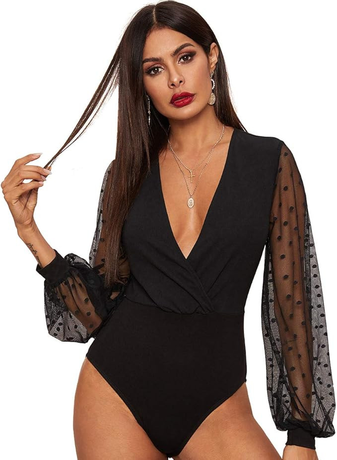 SheIn Women's Deep V Neck Wrap Polka Dots Mesh Lantern Long Sleeve Bodycon Bodysuit | Amazon (US)
