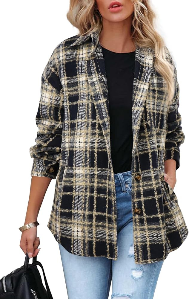 Beaully Women's 2025 Fall Clothes Plaid Shacket Jacket Long Sleeve Button Down Flannel Shirts Fas... | Amazon (US)