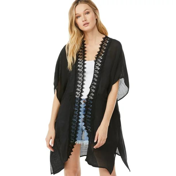 Scoop Women’s Open Front Kimono with Lace Trim | Walmart (US)