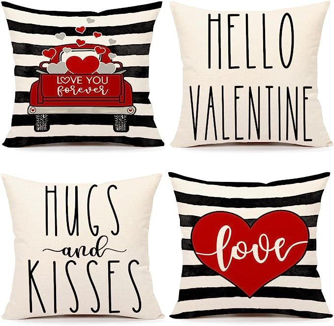 4TH Emotion Valentines Day Stripe Pillow Covers 18x18 Set of 4 Spring Farmhouse Decor Red Truck L... | Amazon (US)