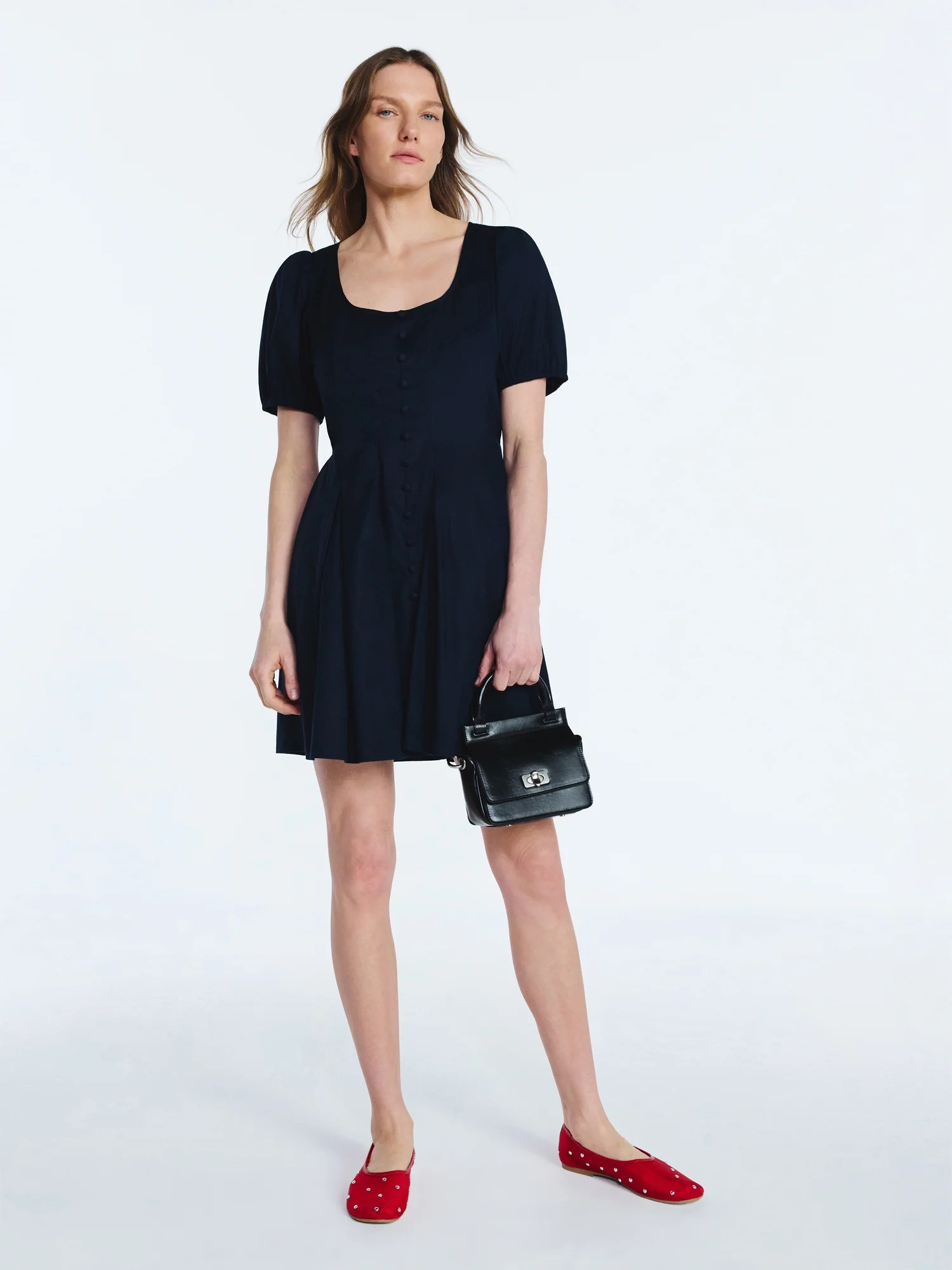 Scoop Women’s Button Front Mini Dress with Puff Sleeves, Sizes XS-XXL | Walmart (US)