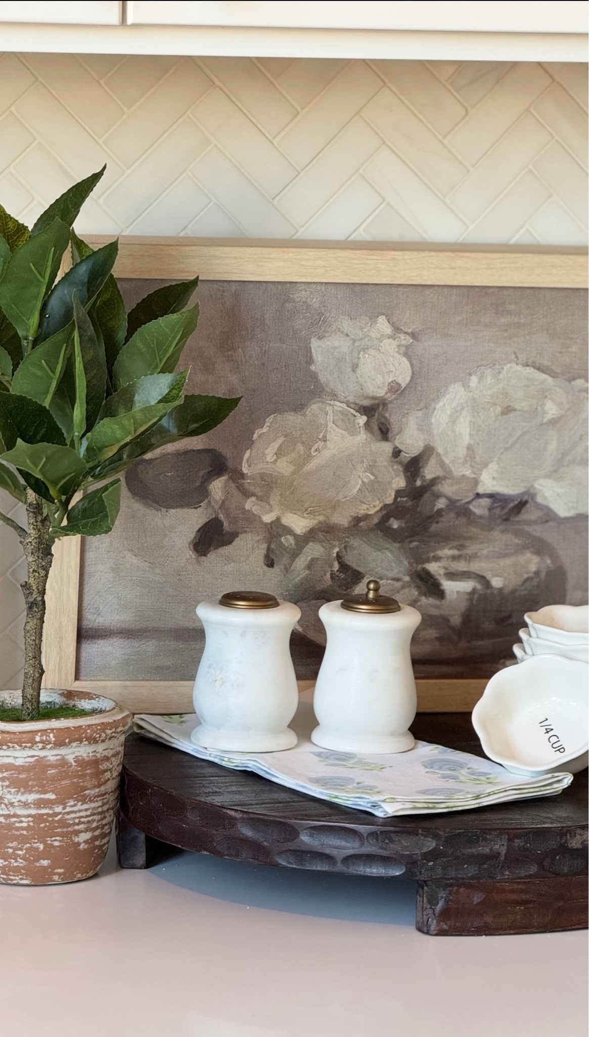 Kitchen vignettes | Salt and  pepper | Marble Kitchen accessories | Mini trees | wooden riser

#LTKHome