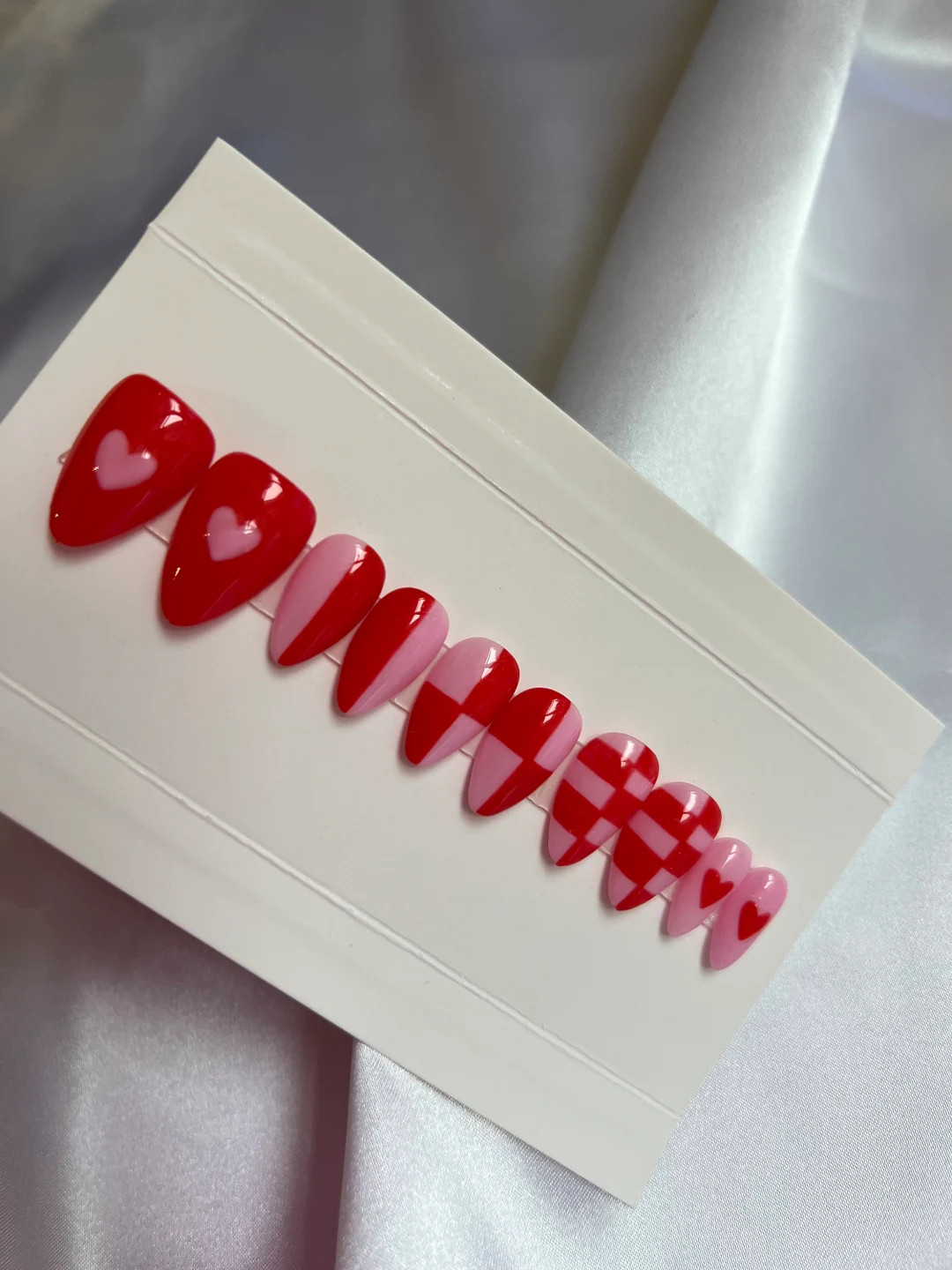 Luxury Hand Painted Press on Nails Red Pink Checkered Valentines Day - Etsy | Etsy (US)