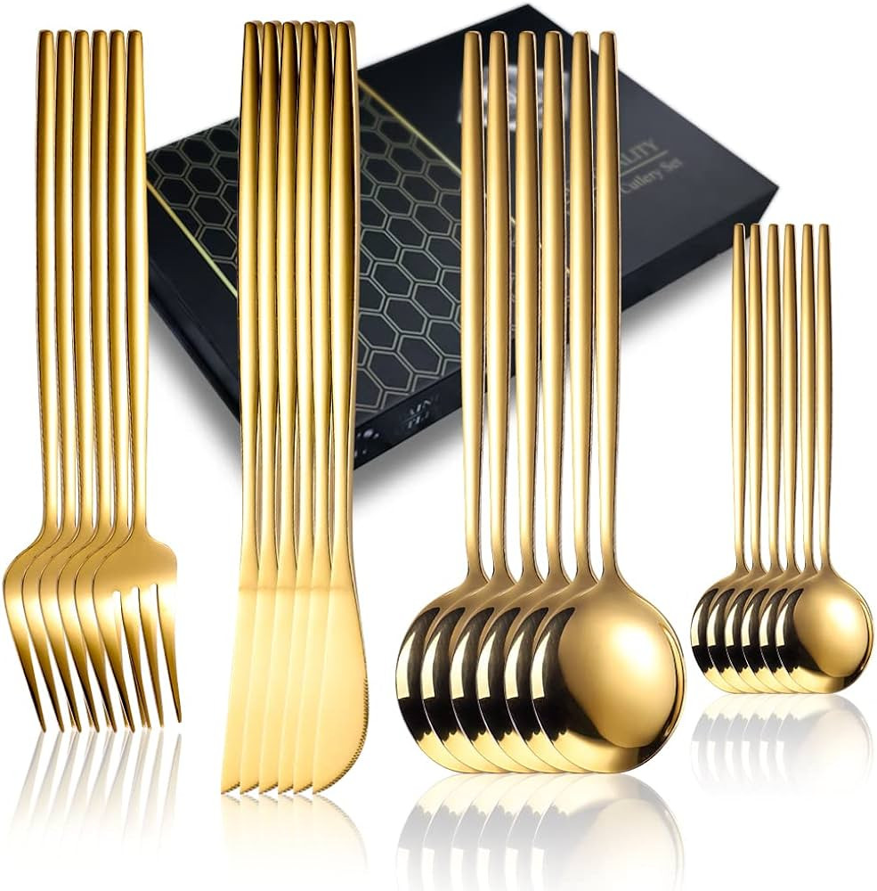 24 Piece Gold Mirror Cutlery Set, Stainless Steel Flatware Dinnerware Set Service for 6, Tablewar... | Amazon (CA)