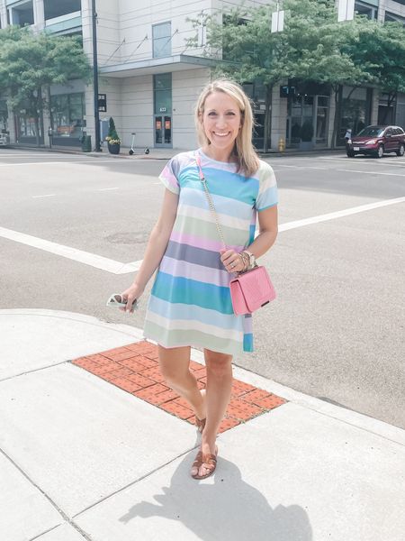 Casual spring and summer short sleeve dress. Sandals I dozed up a half size. Pink quilted crossbody body with gold chain. 

#LTKSeasonal #LTKFind #LTKunder50