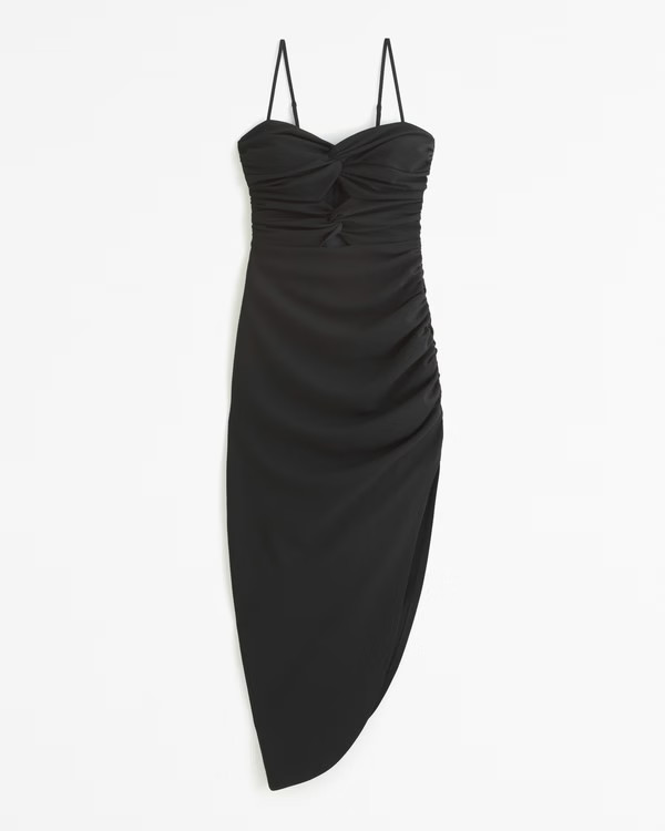 Women's Ruched Front Cutout Asymmetrical Midi Dress | Women's Dresses & Jumpsuits | Abercrombie.c... | Abercrombie & Fitch (US)