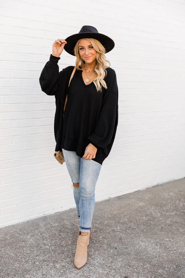 Since You've Been Gone Black Waffle Knit V-Neck Sweater | The Pink Lily Boutique