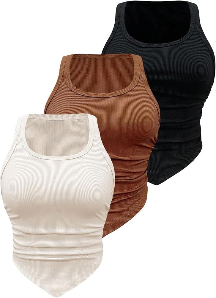 Floerns Women's 3 Pcs Solid Ribbed Knit Ruched Asymmetrical Hem Tank Top | Amazon (US)