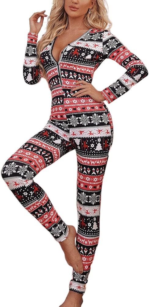 WZTYYDS Christmas Onesies For Women One Piece Pajamas Sexy V Neck Bodycon Jumpsuit Bodysuit Sleep... | Amazon (US)