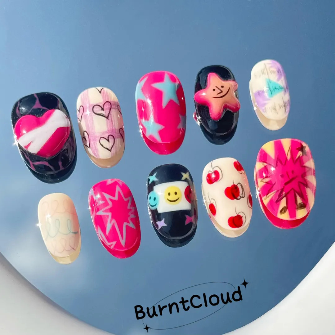 279 "patchy Heart" Cute 3D Heart Stars Freestyle Y2K Press on Nails | Custom Hand-painted Nails |... | Etsy (US)