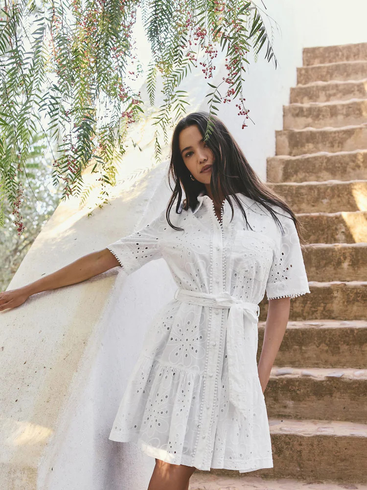 White Broderie Tie Waist Shirt Dress | Next US