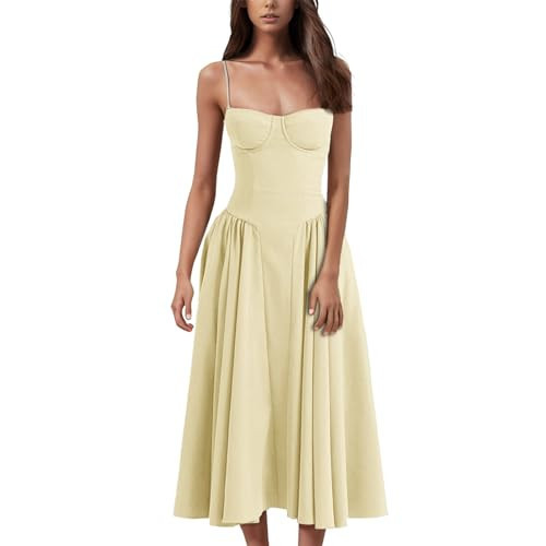 Red Bustier Dress Corset Midi Dress Elegant Spaghetti Strap Bustier Midi Dress Flowy Pleated Hem Low Cut Prom Dresses with Pockets Large 01-Yellow | Amazon (US)