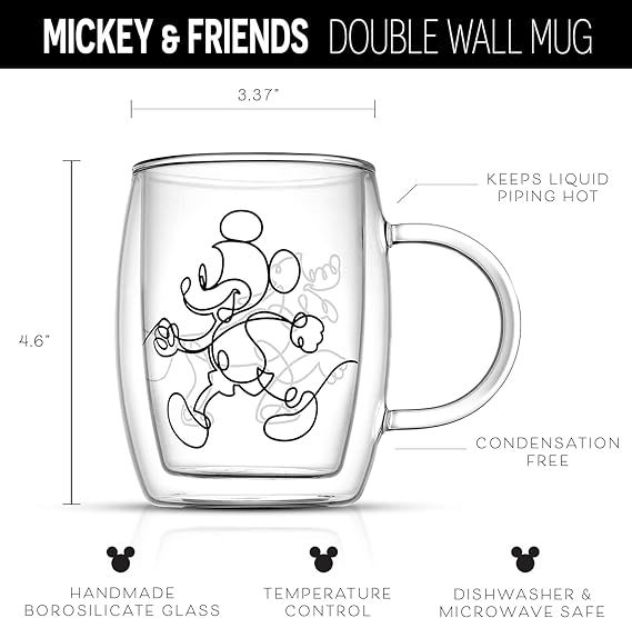 JoyJolt Aroma Disney Mickey and Pluto 13.5oz Glass Cups Set. 2 Insulated Double Wall Glass Coffee... | Amazon (US)