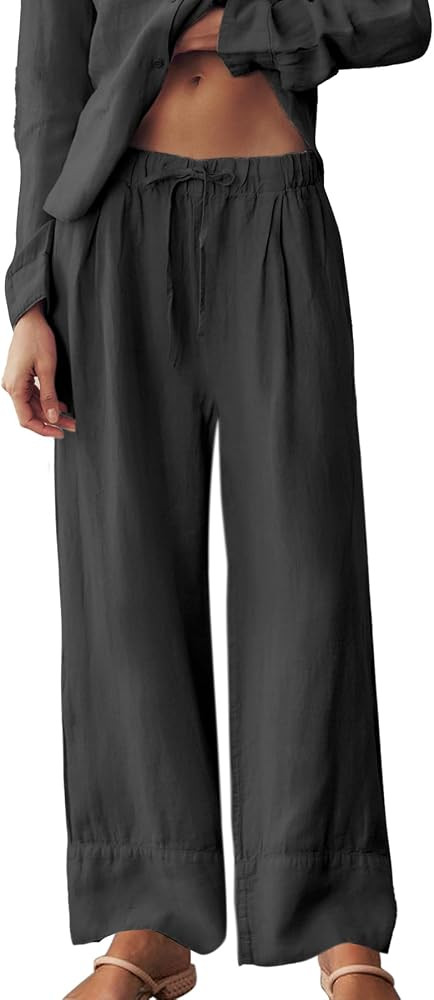Ainangua Women Linen Palazzo Pants Casual Elasticated Drawstring Waist Wide Leg Trousers Trendy B... | Amazon (US)