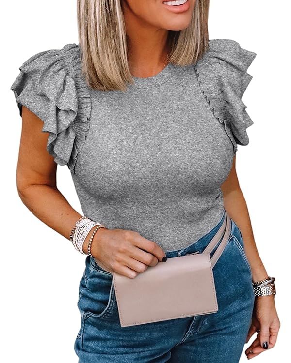 Womens Ruffle Short Sleeve Shirts Slim Fit High Neck Knit Ribbed Tops | Amazon (US)