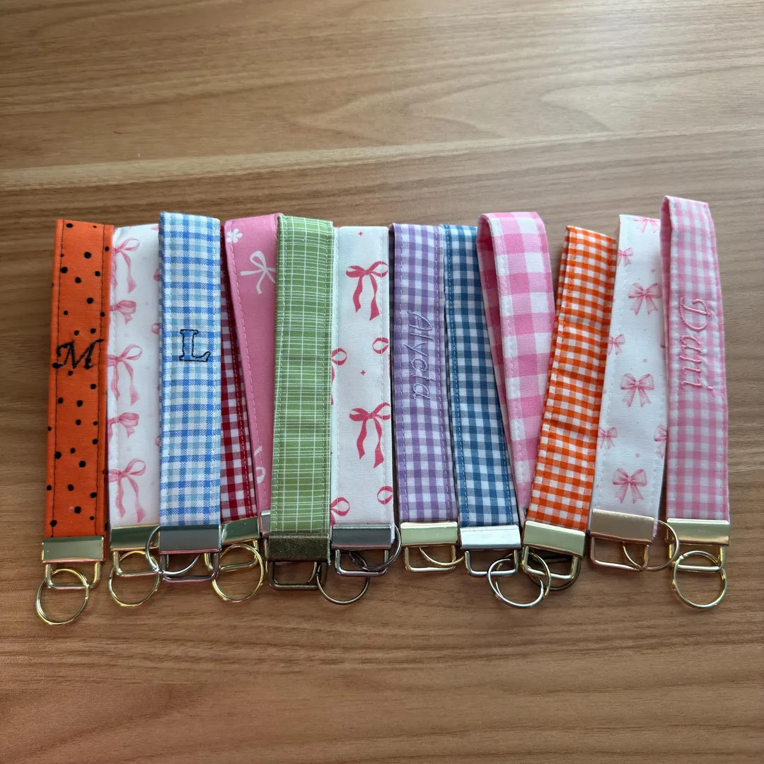 Embroidered Gingham Wristlet Keychain: Personalized Key Fob, Handmade Cotton Key Holder - Etsy | Etsy (US)