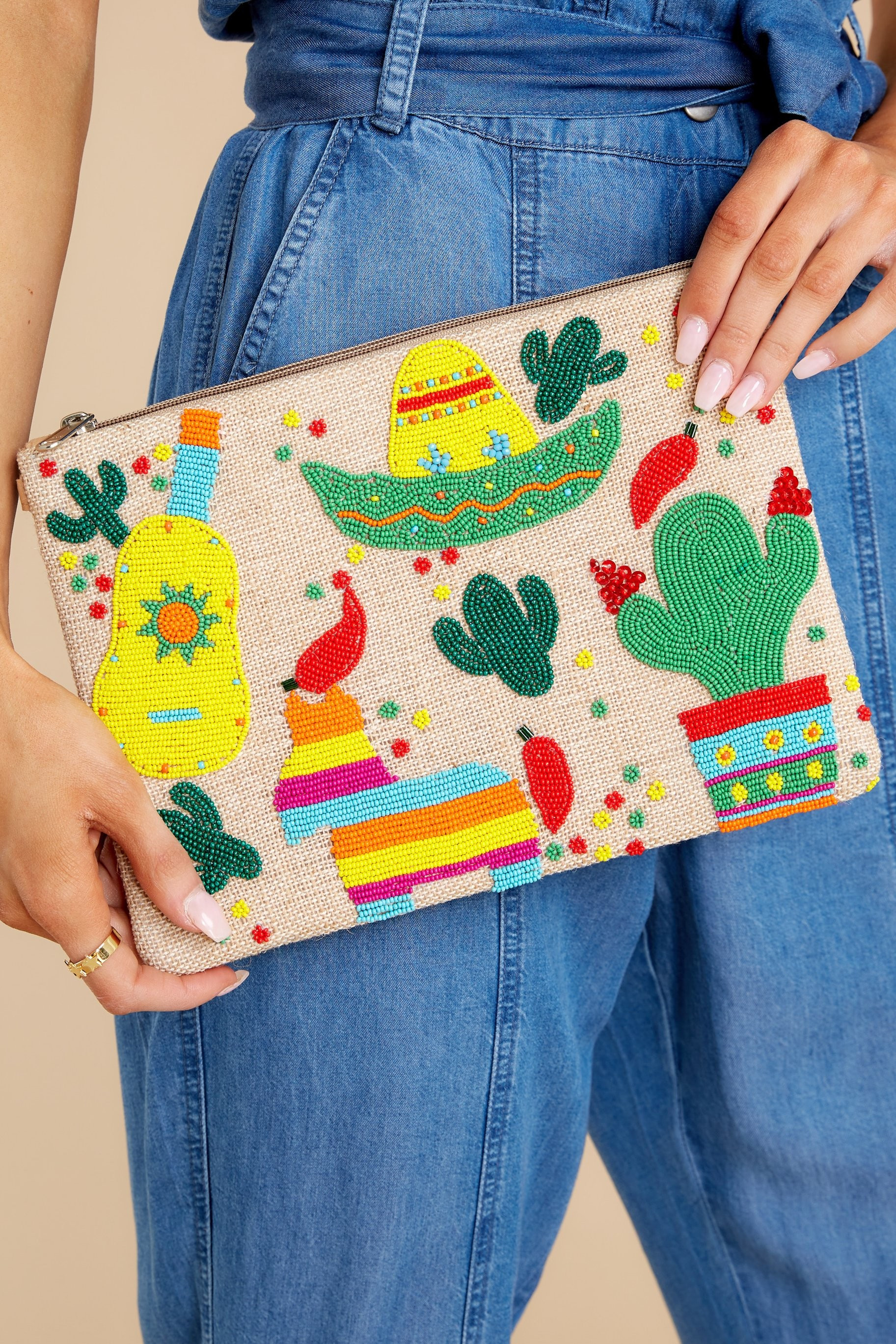 Cinco De Mayo Beige Multi Beaded Clutch | Red Dress 