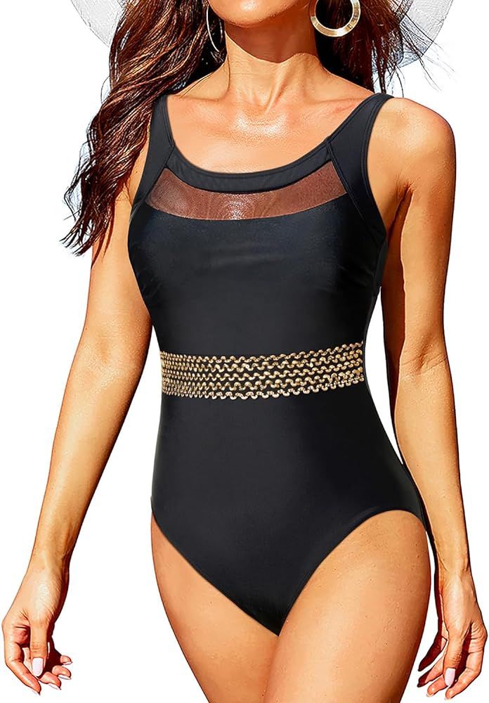 Tempt Me Women One Piece Mesh Swimsuits Vintage Tummy Control Swimwear | Amazon (US)