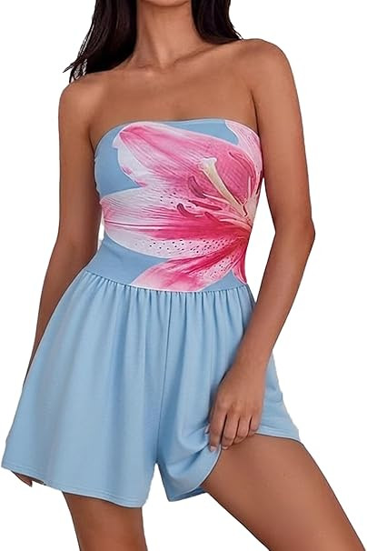 GAMISS Women’s Romper 2026 Spring Summer Strapless Jumpsuit Elastic Waist Casual Beach Vacation... | Amazon (US)