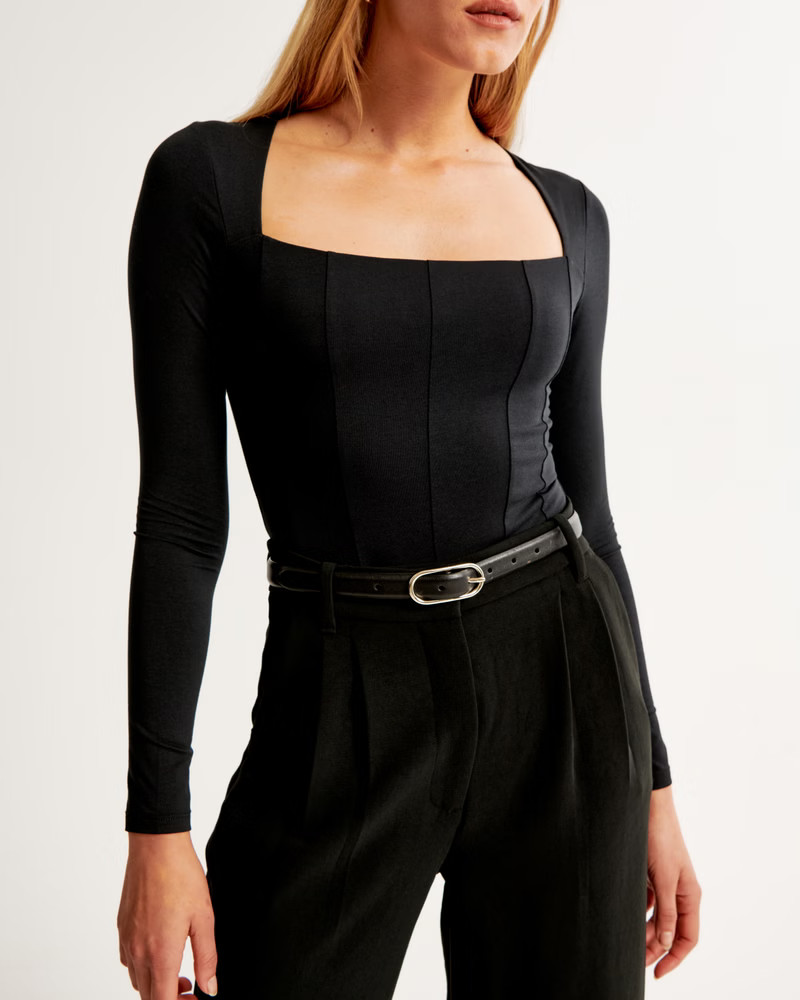 Long-Sleeve Cotton-Modal Squareneck Corset Bodysuit | Abercrombie & Fitch (US)