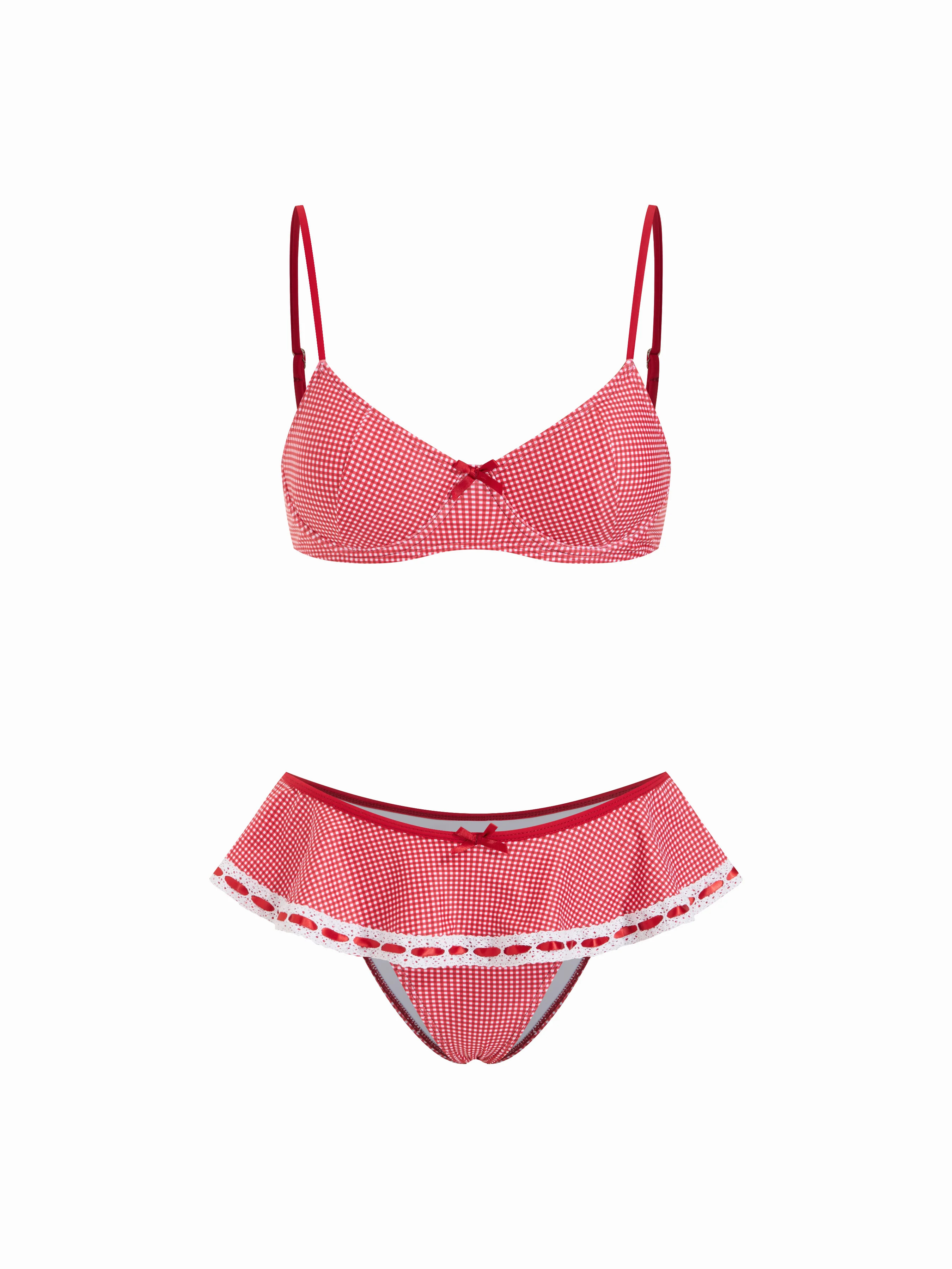 Sweetheart Gingham Bowknot Lace Panel Ruffled Underwire Bikini Set | Cider