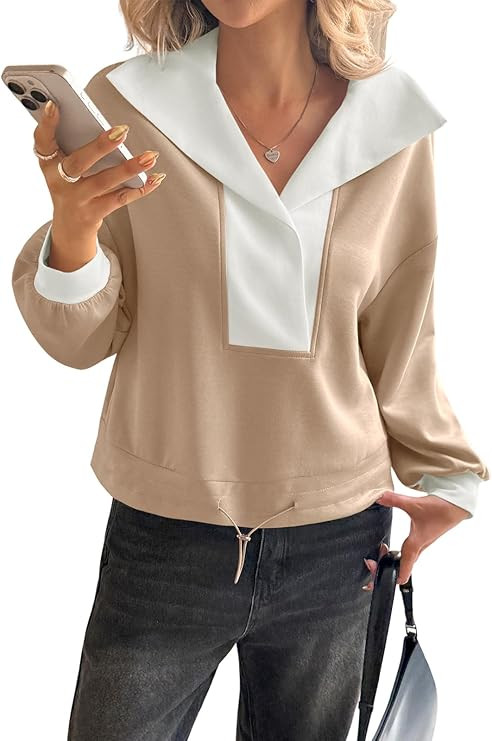 Fisoew Womens Cropped Oversized Sweatshirt Casual Lapel V Neck Long Sleeve Contrast Drawstring Lo... | Amazon (US)