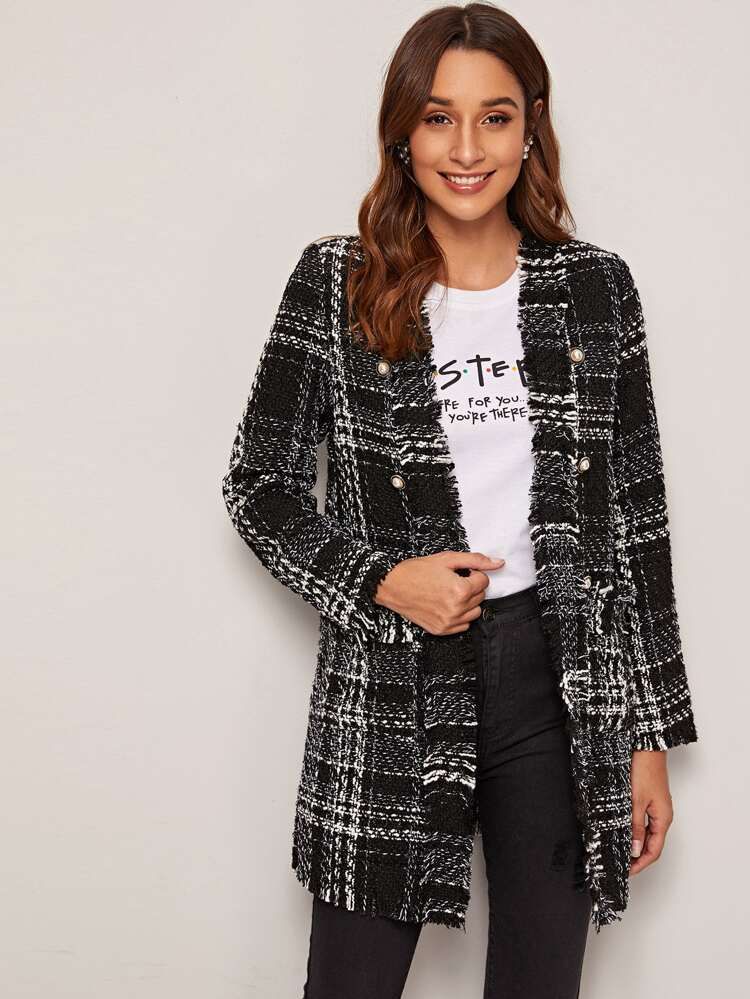 Frayed Trim Double Breasted Tweed Coat | SHEIN