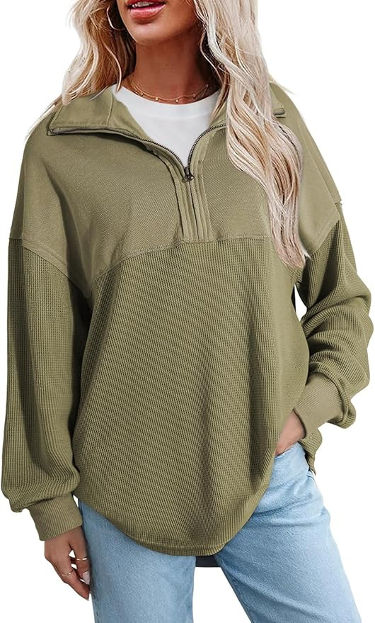 SHEWIN Womens Fall Sweatshirt Casual Waffle Knit Half Zip Pullover Loose Long Sleeve Tops | Amazon (US)