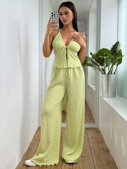 SHEIN EZwear Textured Fabric Pleated Halter Top & Loose Wide Leg Pants Set | SHEIN